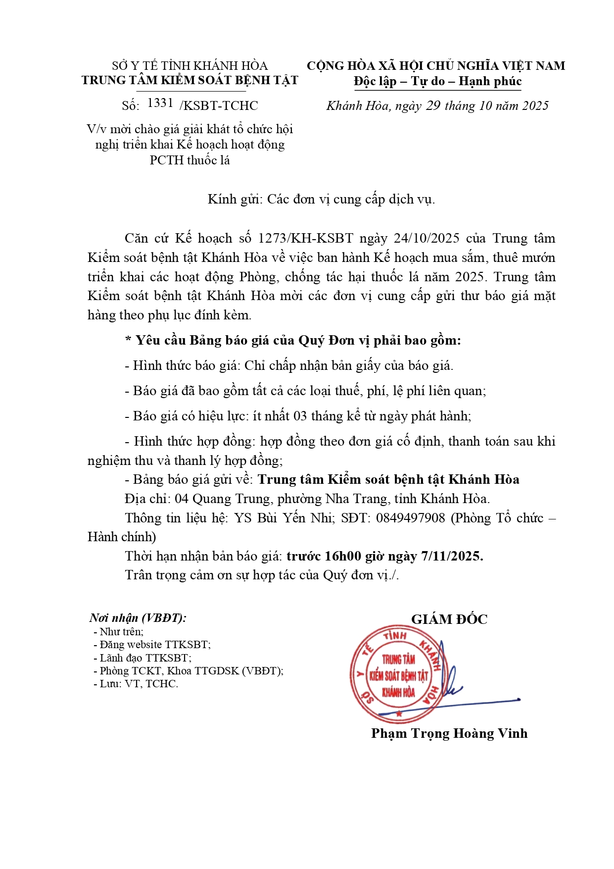 V/v mời chào giá giải khát tổ chức hội nghị triển khai Kế hoạch hoạt động PCTH thuốc lá